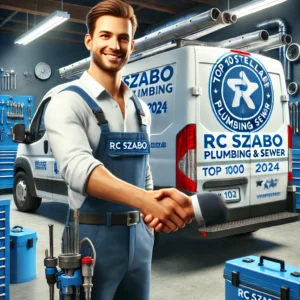 Professional plumber from RC Szabo Plumbing shaking hands with a satisfied customer in front of a branded service van showcasing the "Top 100 Stellar Plumbing 2024" badge.

