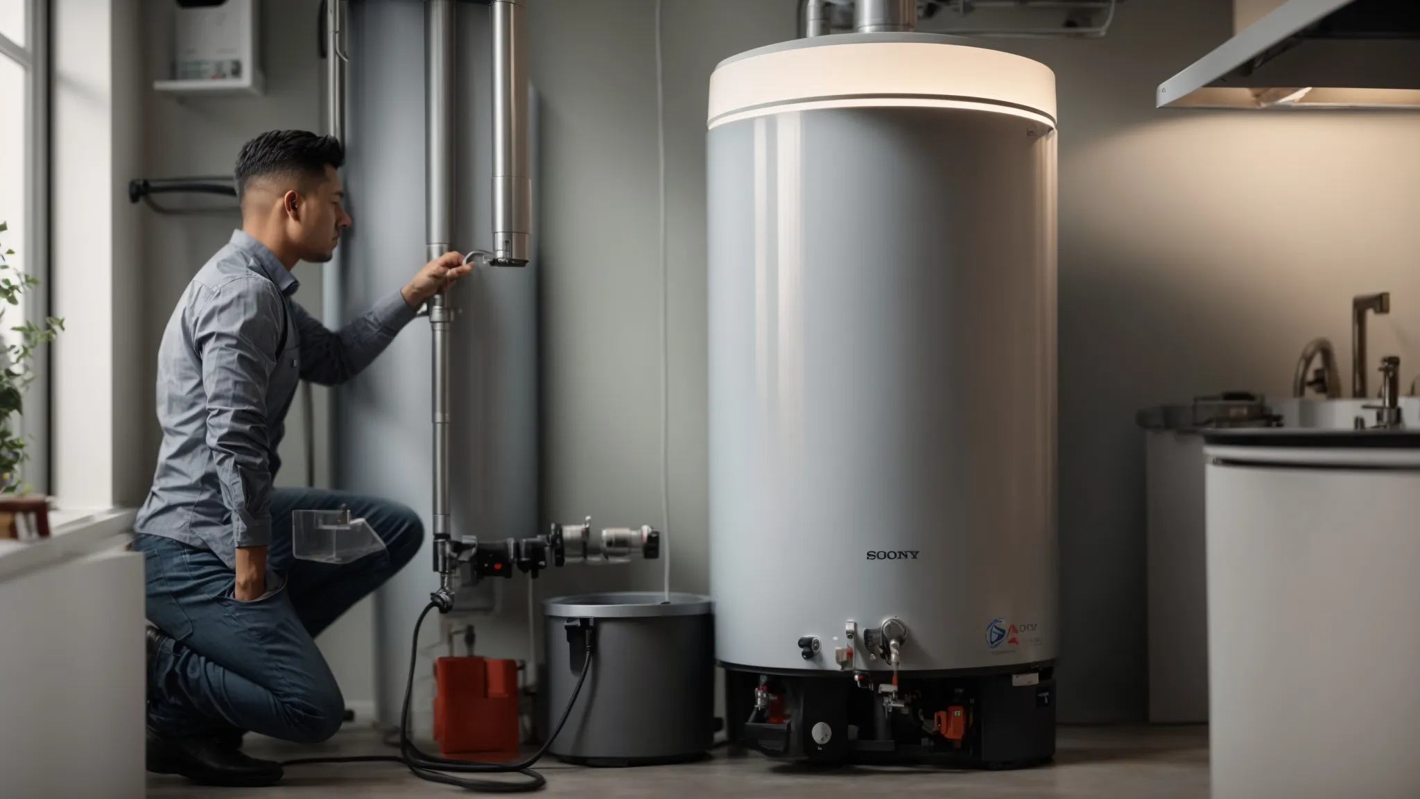 a radiant home interior contrasts a sleek, modern water heater installation, showcasing expert craftsmanship and inviting warmth in a well-lit space.
