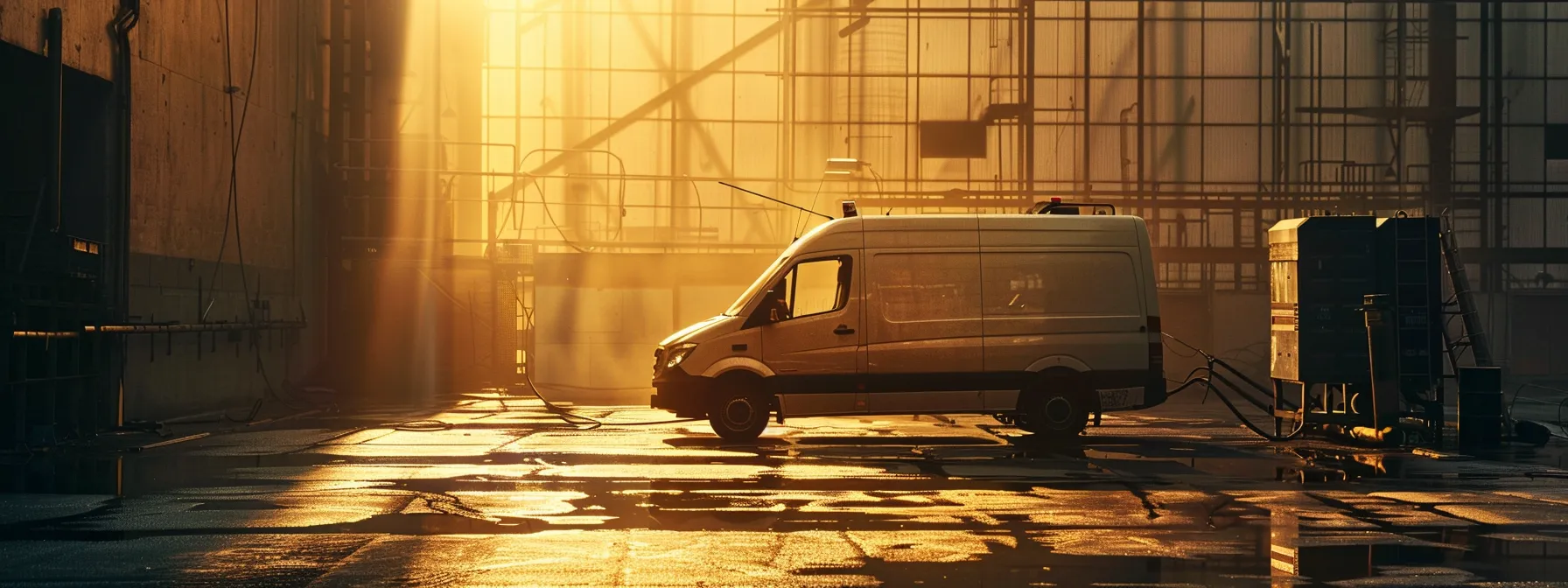 a sleek maintenance service vehicle parked in an industrial setting, illuminated by golden hour sunlight, highlighting its pristine condition and professional aura.