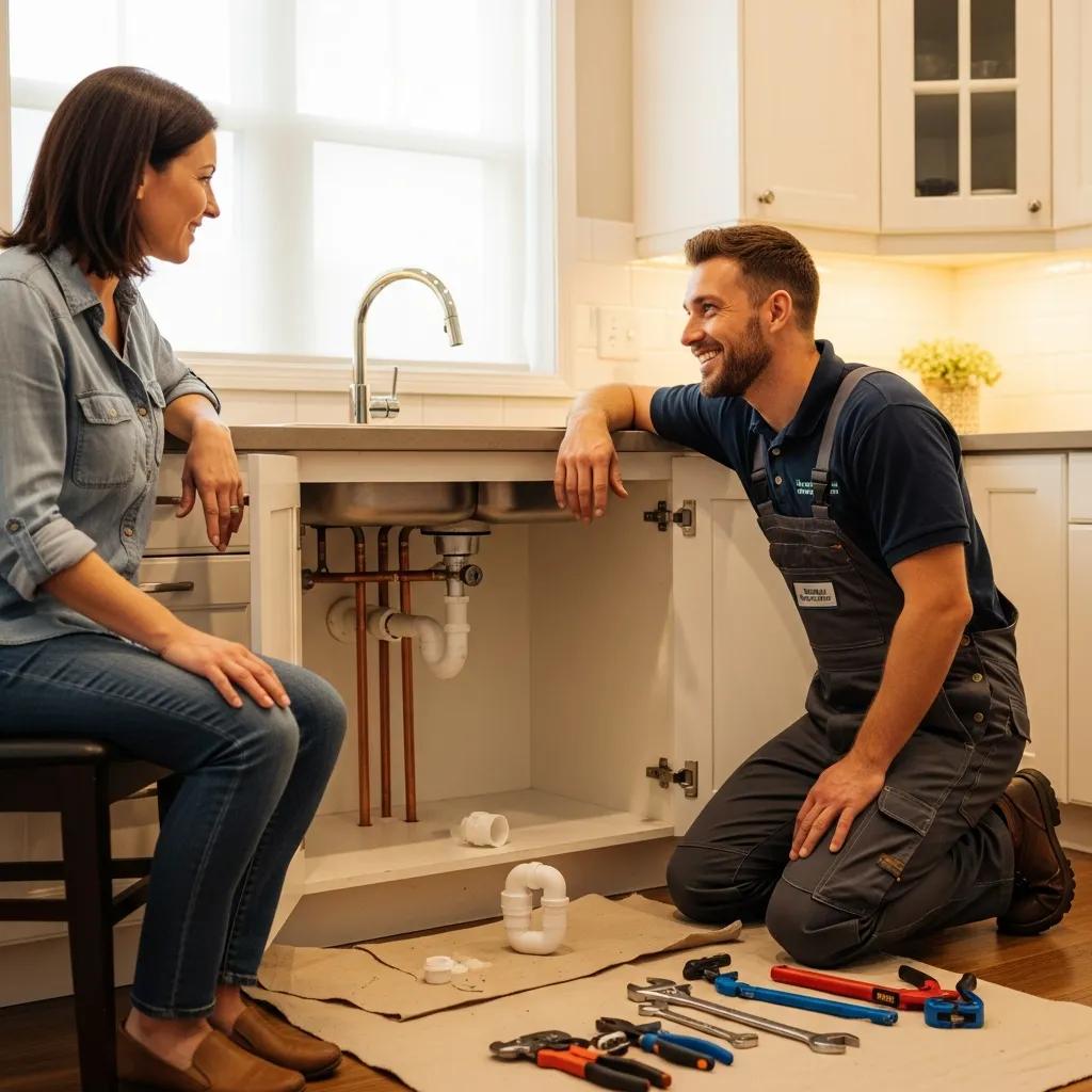 Friendly plumber assisting a homeowner with plumbing services in Flossmoor