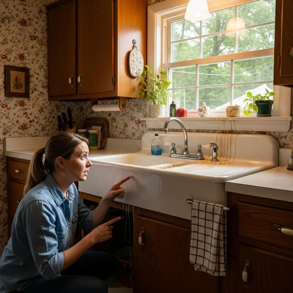 Homeowner inspecting a leaky faucet in a cozy Homewood kitchen
