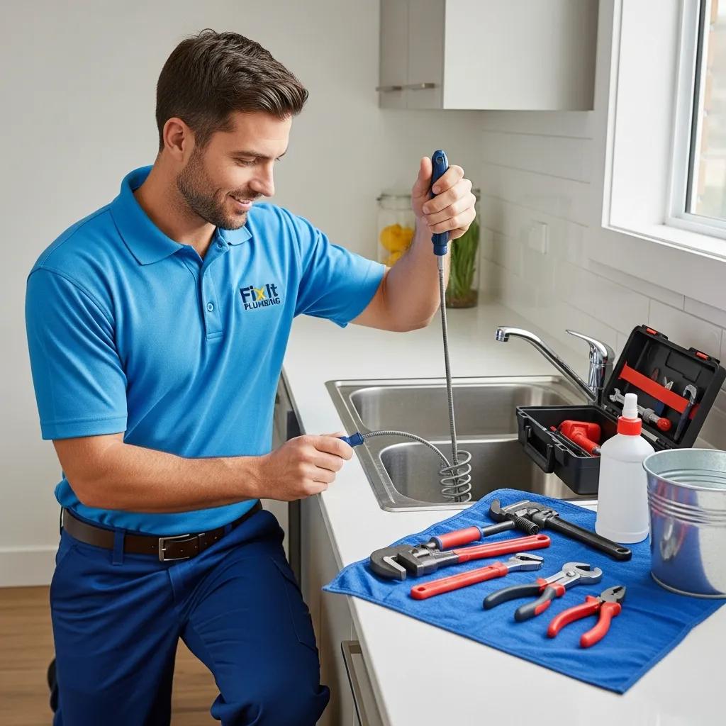 Professional plumber clearing a clogged drain with tools in a residential setting