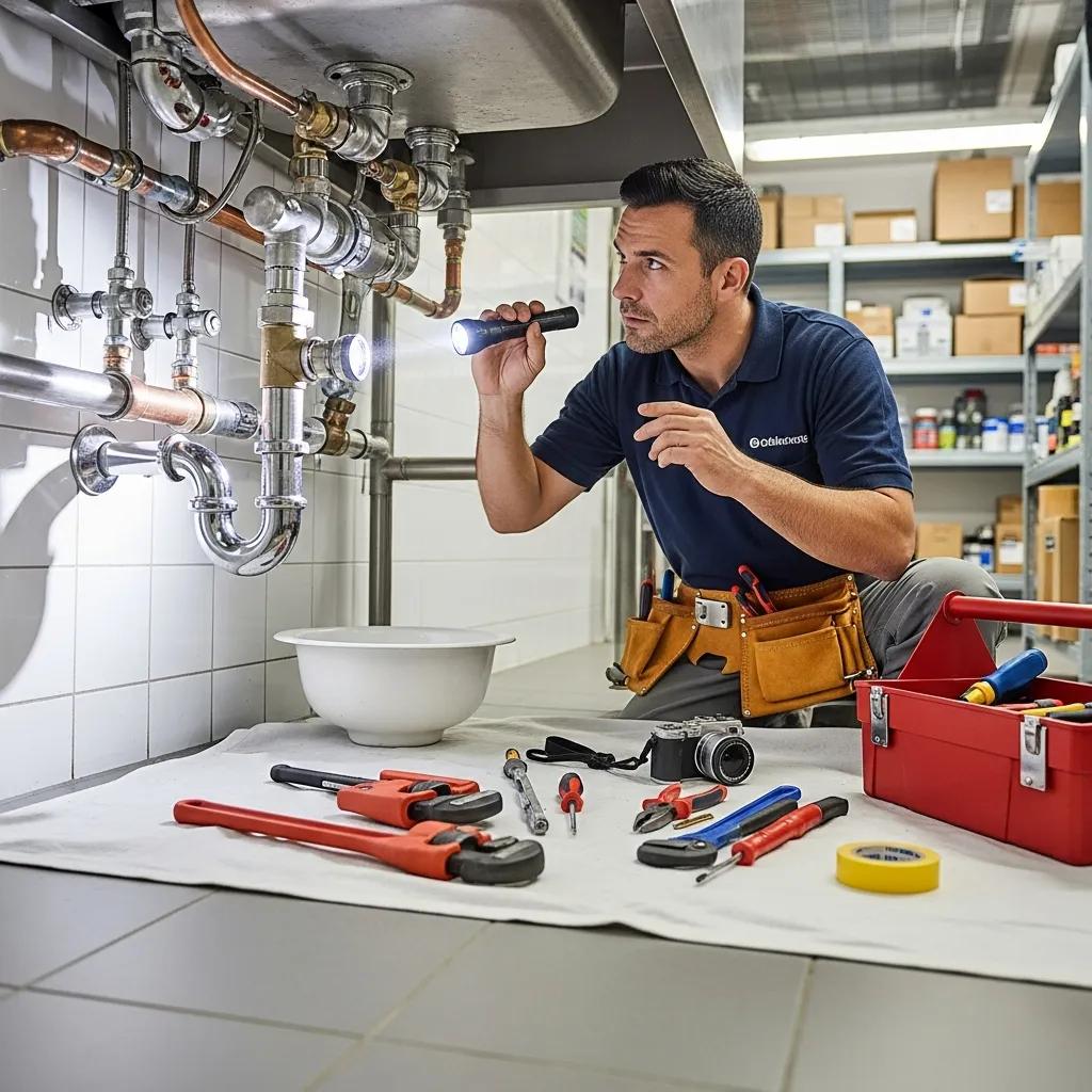 Professional plumber inspecting commercial plumbing systems in a business setting