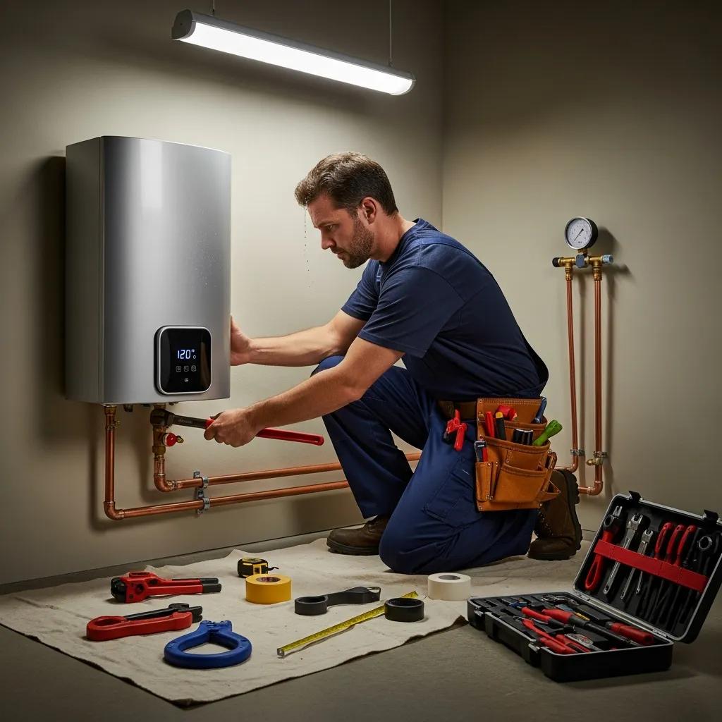 Professional plumber installing a water heater, emphasizing expertise and reliability