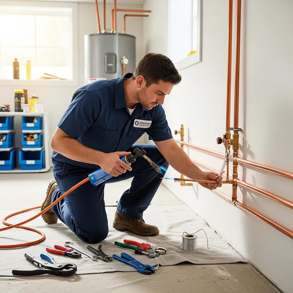Professional plumber installing pipes in a residential kitchen, showcasing expertise in plumbing services