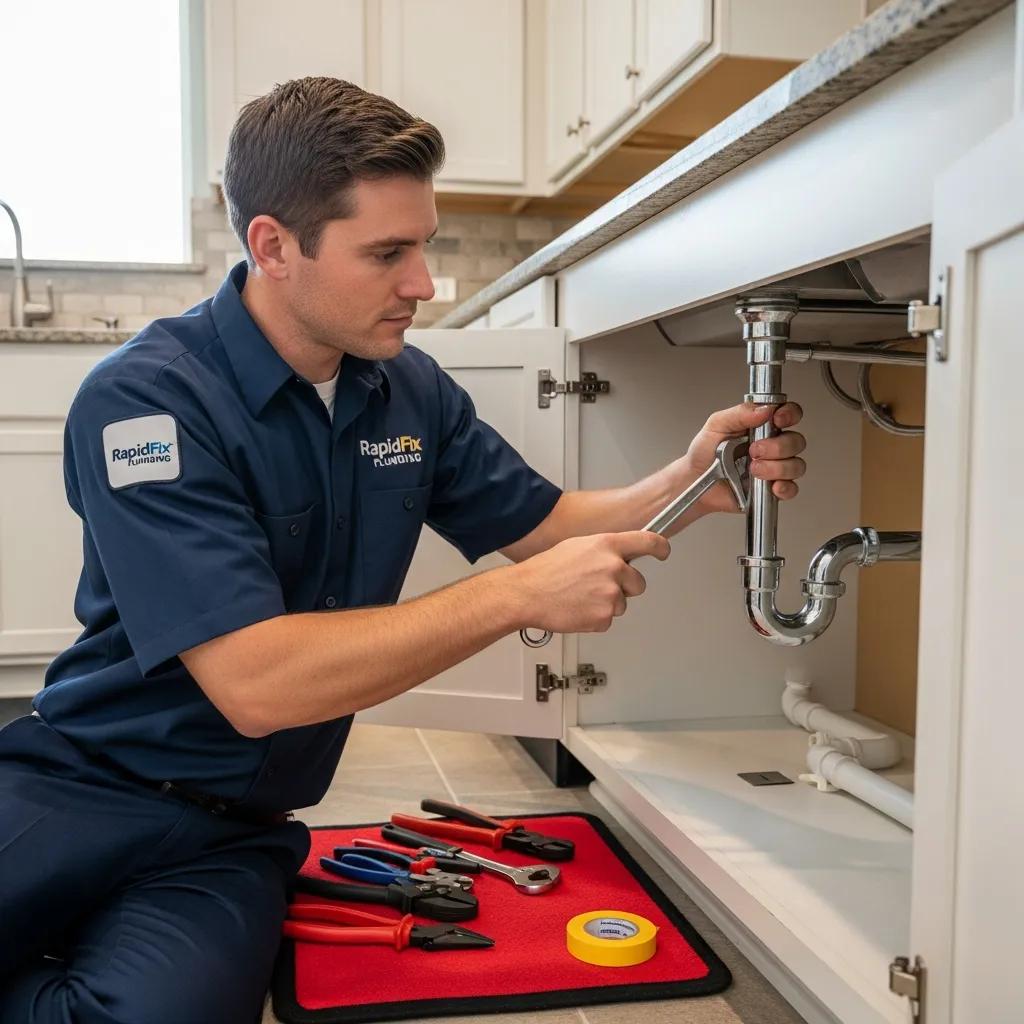 Professional plumber repairing a pipe in a residential setting, showcasing plumbing services