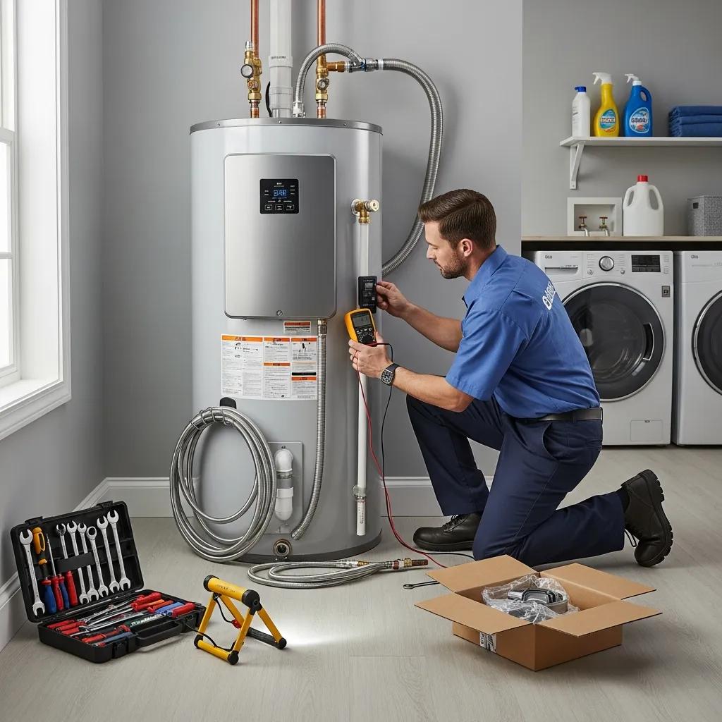 Modern water heater installation with technician in a home setting