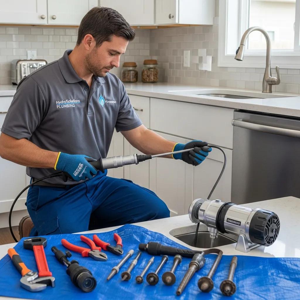 Professional plumber cleaning a drain in a residential kitchen, highlighting essential drain cleaning services