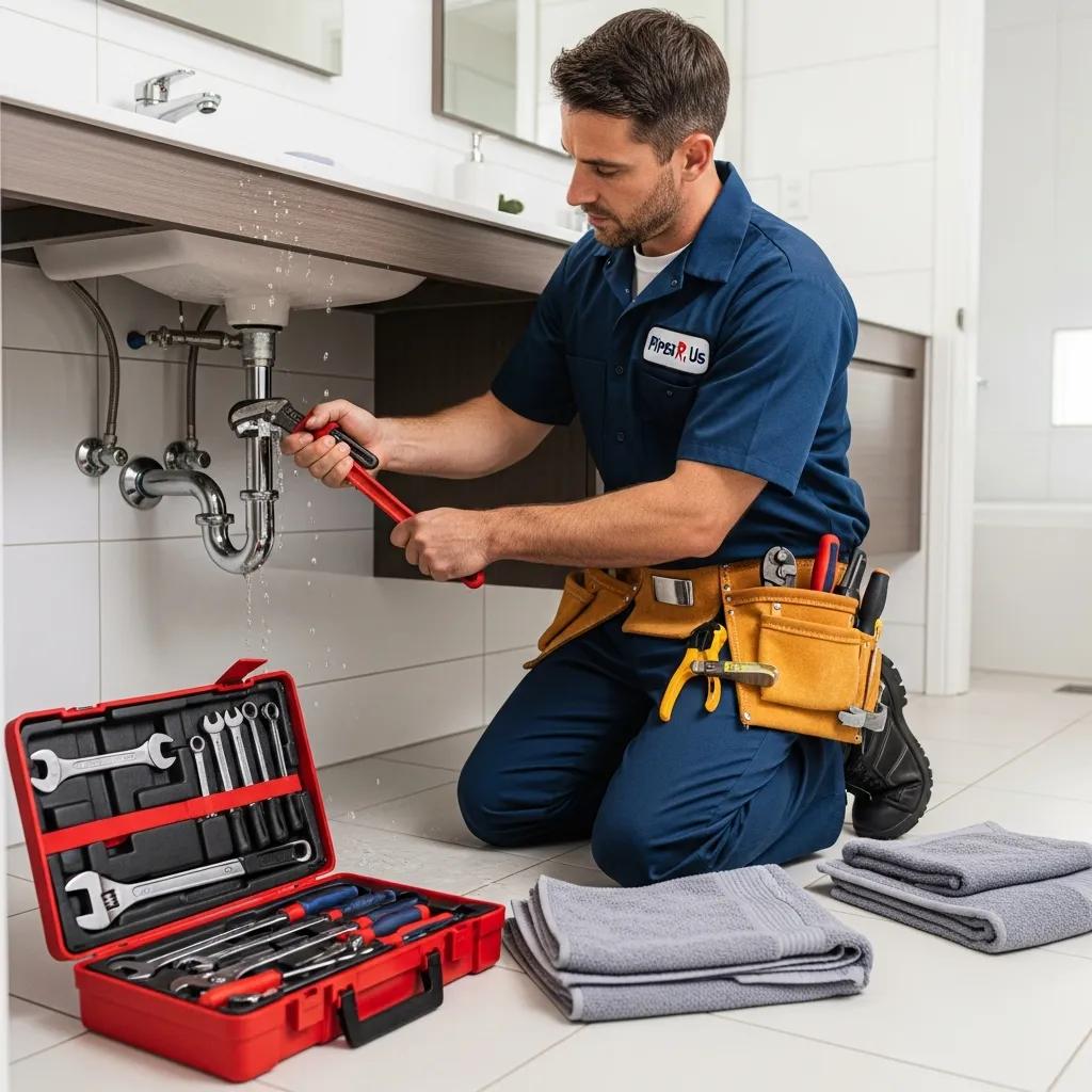Professional plumber fixing a pipe in a residential setting, showcasing expert plumbing services