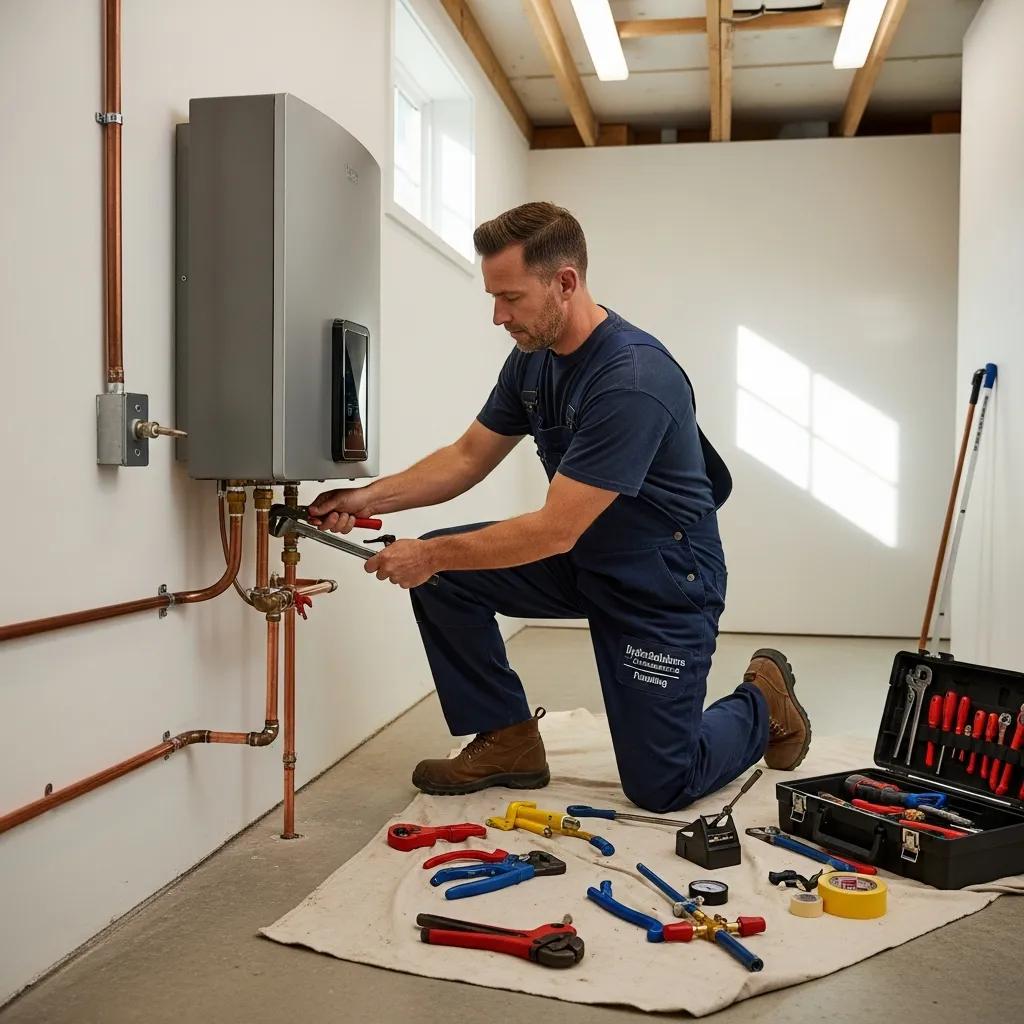 Professional plumber installing a water heater in a home, emphasizing reliability and expertise